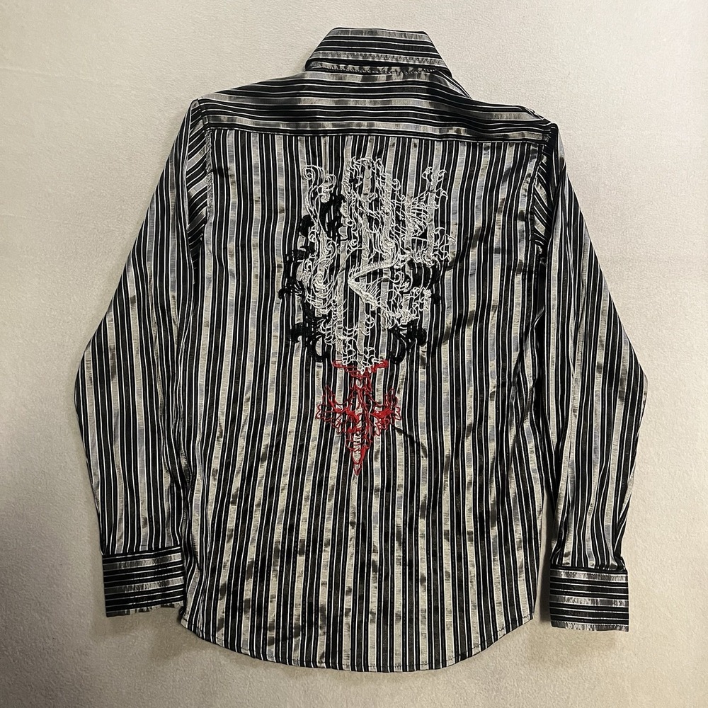 El General Shirt Mens Size Medium Black Gray Striped Embroidered Lion Pearl Snap